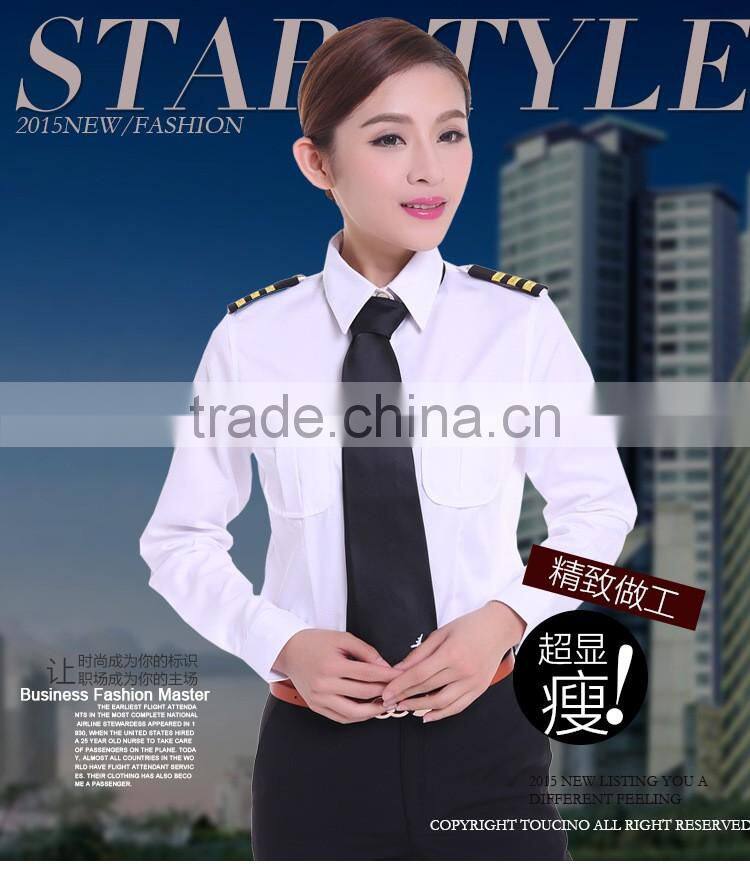 Juqian custom Top quality airline uniform long sleeve women white cotton Commander women pilot uniform shirt in China