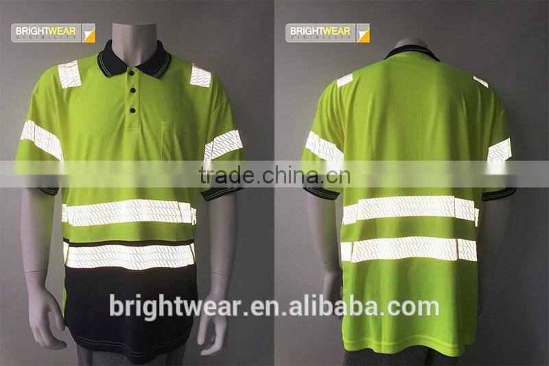 Men's fluorescent two-tone protective reflective generic segmented tapes UPF bulk safety polo shirt