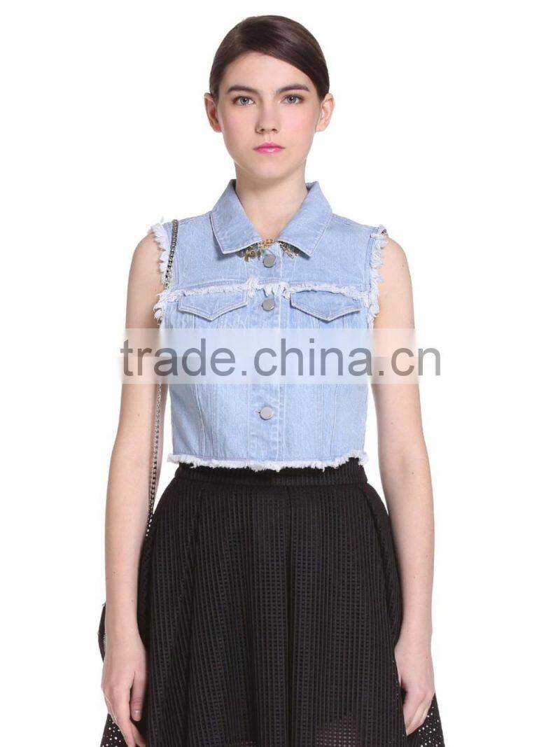 Ladies Button-up 100% cotton washed distressed jeans vest
