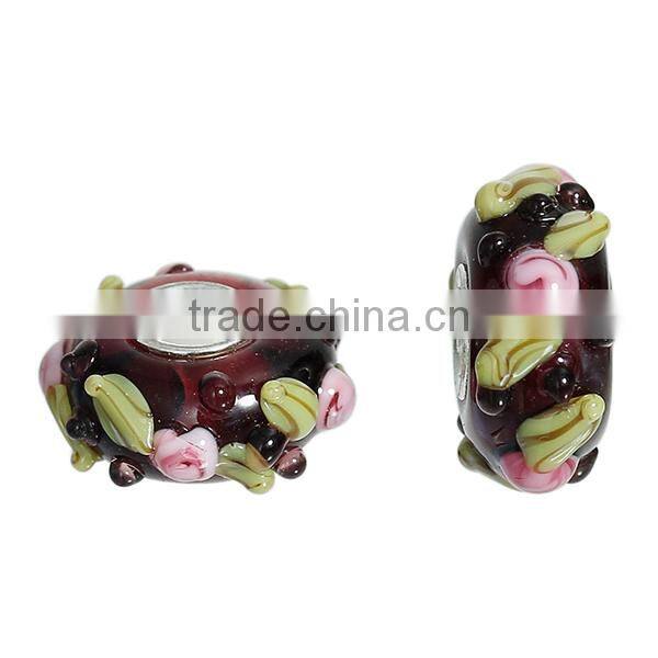 Custom Round Silver Tone Core Flower Leaves Purple European Style Large Hole Lampwork Glass Beads