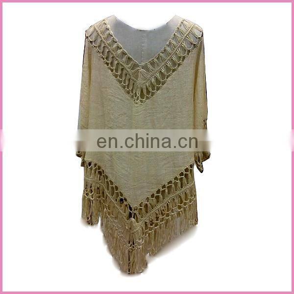Guangzhou 2015 casual gypsy style hollow poncho blouse and shirt with long tassel