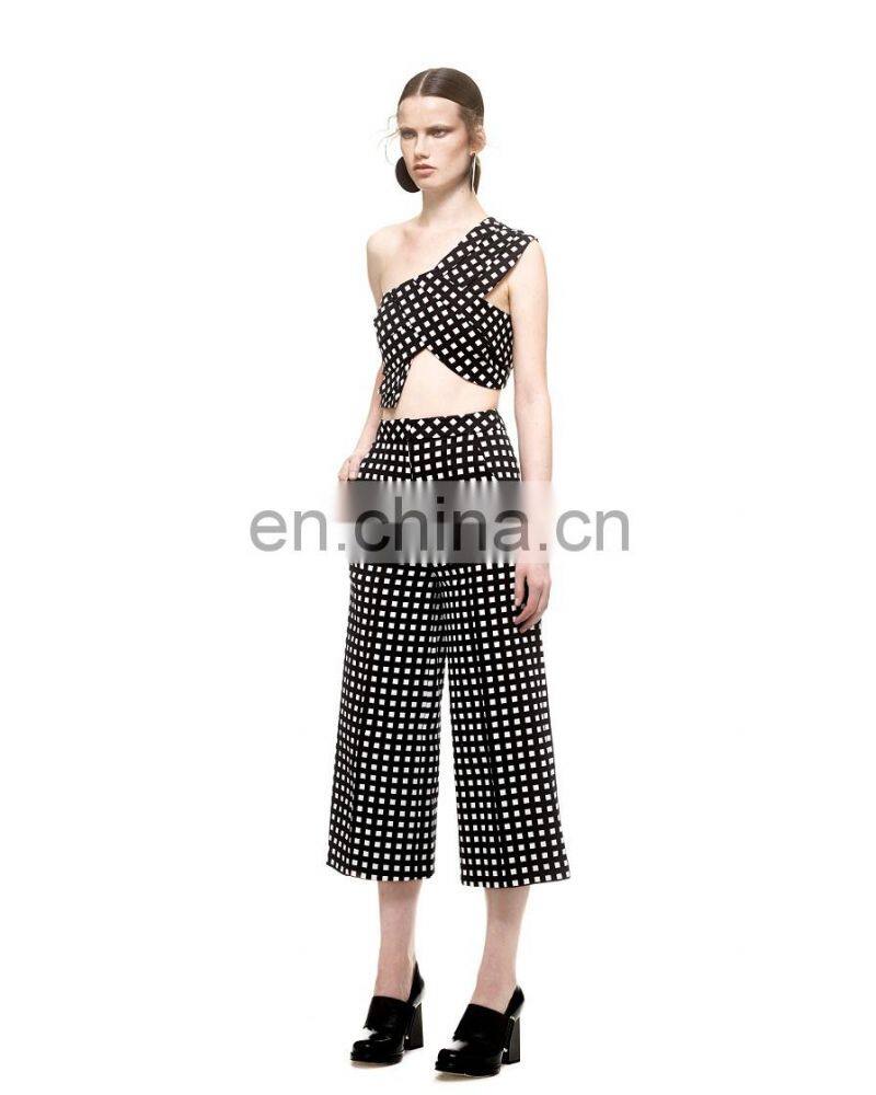 2015 new fashion women irregular elegant check patern two piece set