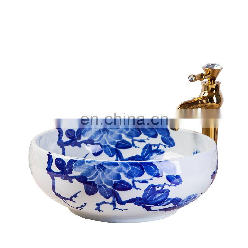 World Famous Chinese Blue And White Painted Ceramic Bathroom Sink