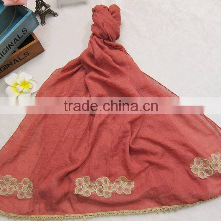 Wholesale Plain Cotton Linen Flower Embroidery Designs Ladies Scarves