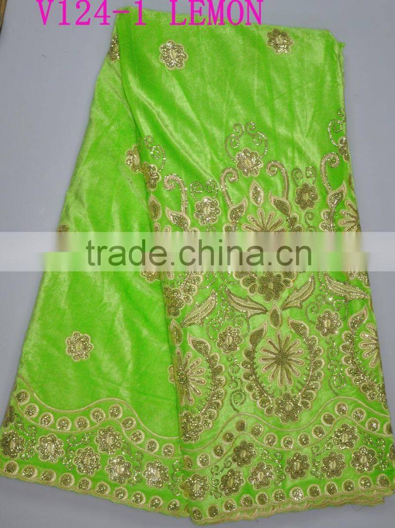 V124-1 lemon embroidered velvet lace with sequins