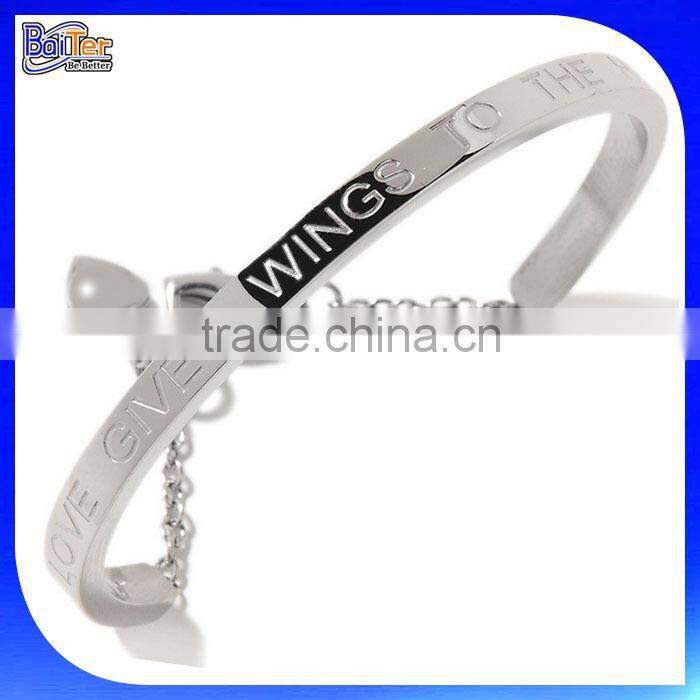Custom Cheap Stainless Steel Hand Stamped Letter Cuff Bracelet With An Black Uplifting Message