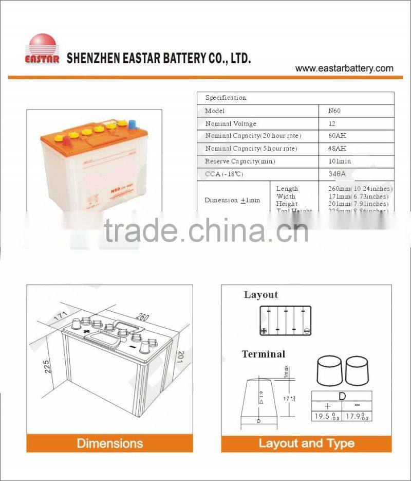 60AH 12V Dry Charged Batteries auto car battery