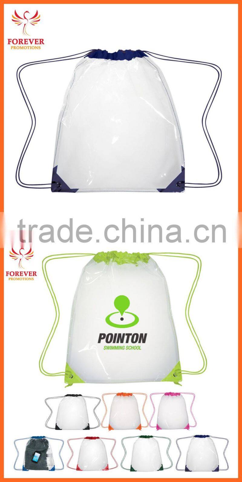 2016 New Design Customized Print Cute Clear PVC Drawstring Closure Backpack Bags Promotional Gift Waterproof Beach Sports Bags