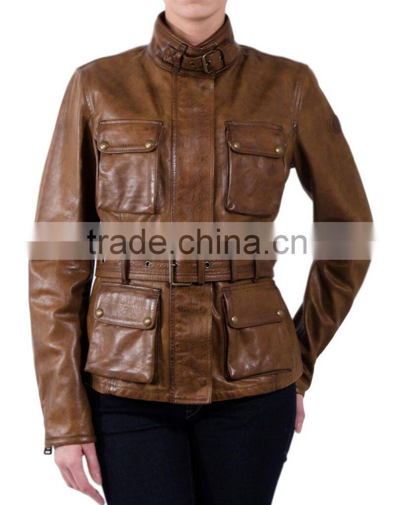 Stylish cognac leather jacket women
