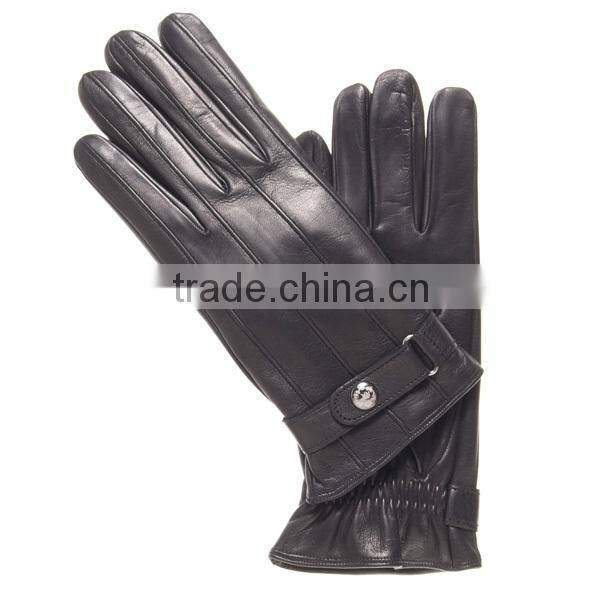 Newest zhejiang long black winter cowhide plain style lined leather gloves with wool lining