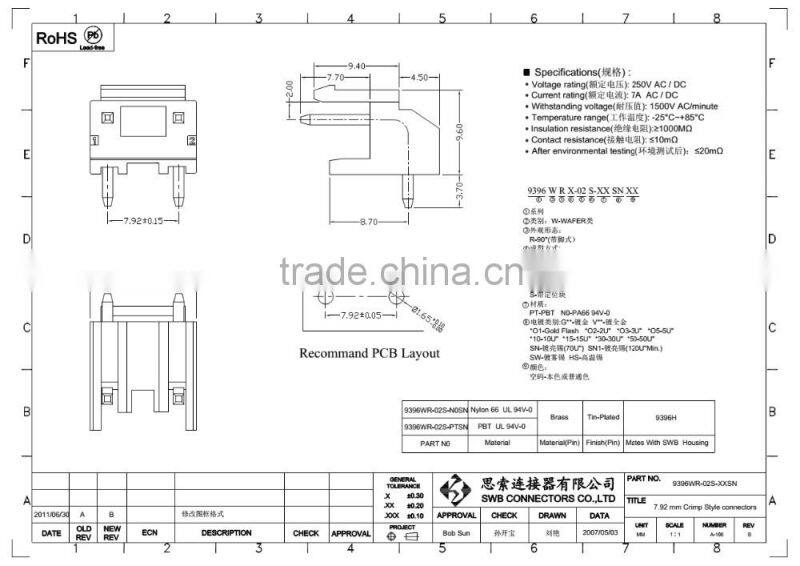 7.92 MM Pitch wire to board electrical connectors
