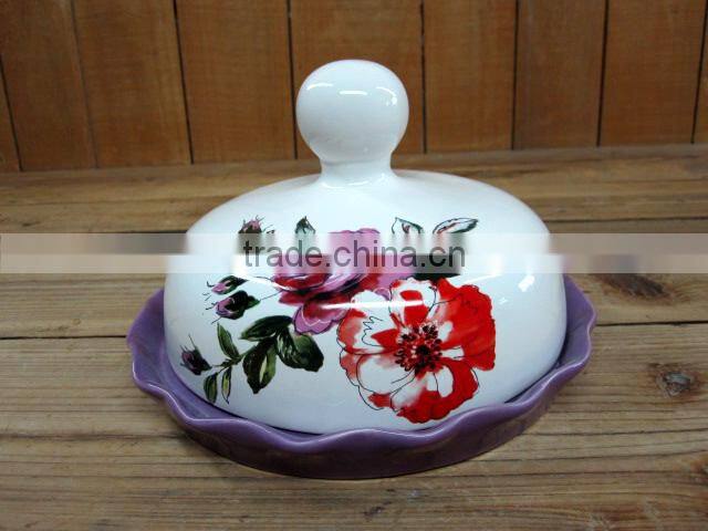 Elegant Flower Decal Ceramic Cake /Fruit Serving Plate with Wooden Stand for Party
