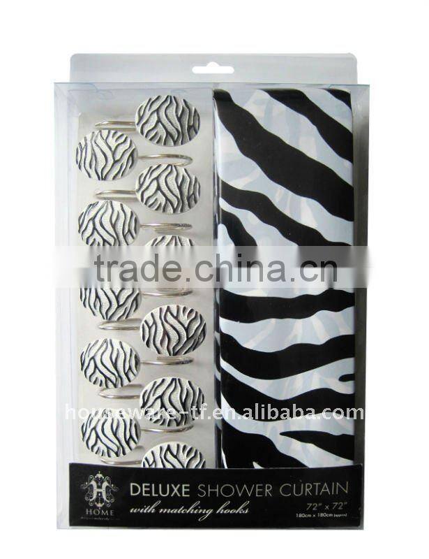black zebra-stripe pattern peva shower curtain with 12pcs decorative hooks