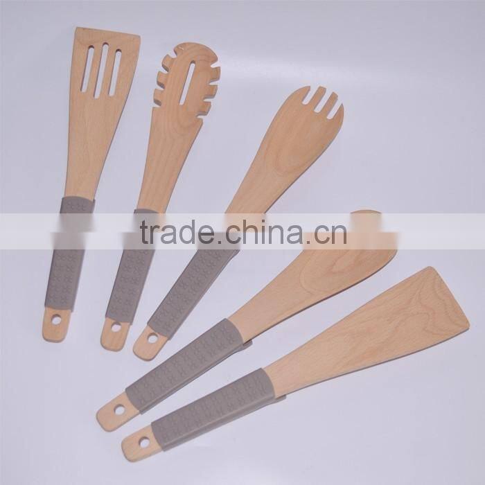 High Quality 5pcs Wood Cooking Utensils With Silicone Handle Cover, Kitchen Baking Tools Set