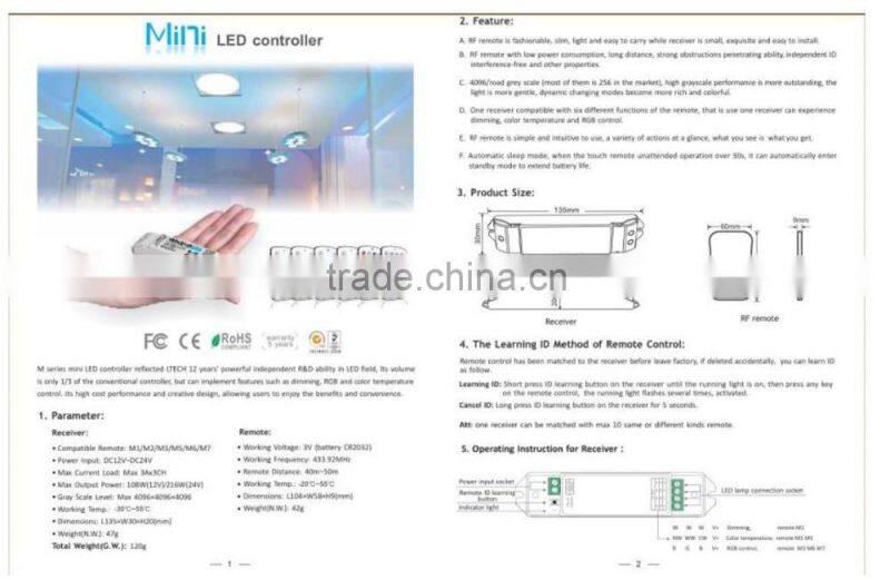 Hot sale Mini RGB led strip Controller M7 remote with M3-3A Receiving controller