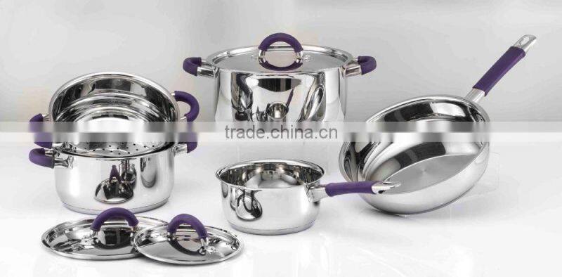 9pcs Qualified best price cookware set with purple silicone handle impacting bonding