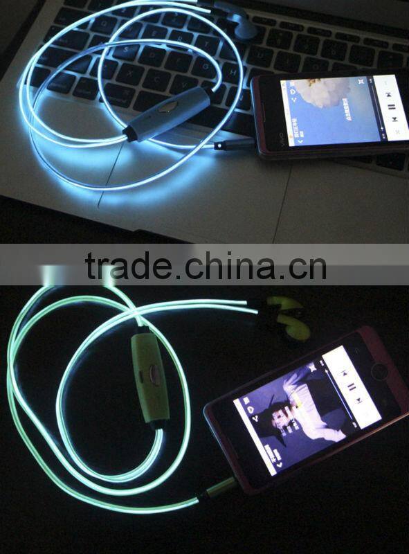 Fashion visible flow light EL earphone for mobile phone, cheap led light headset earbud