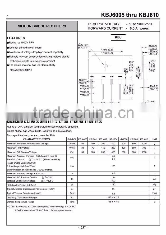 Single-phase Silicon Bridge Rectifier Reverse 6.0 A 50V-1000V KBJ606