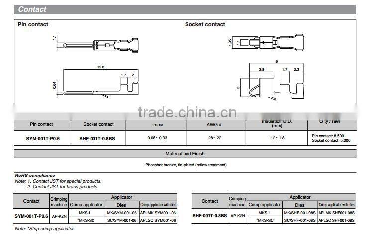 2.5mm pitch wire to wire connector SM series JST connector SYM-001T-P0.6 crimp terminal