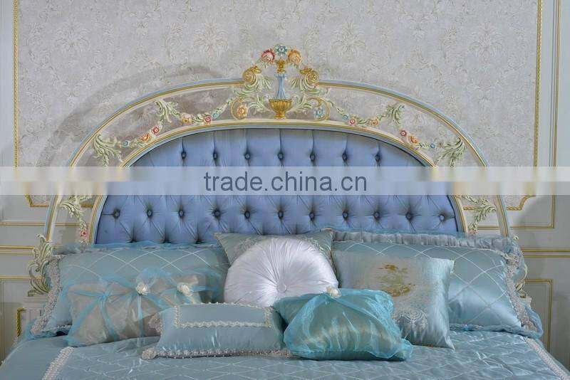 European Style Bedroom Set, Elegant Floral Crown Design Blue Upholstered Bedroom Set
