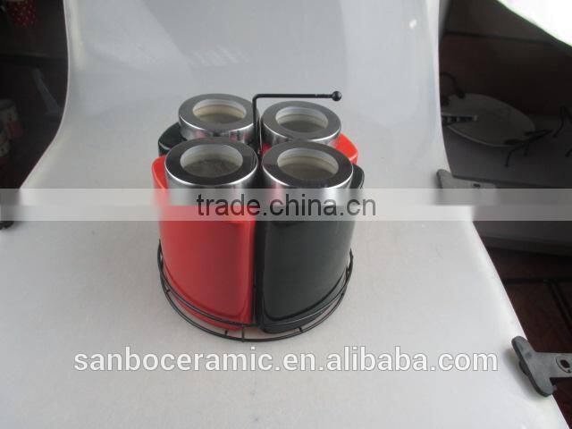 Square Ceramic Sugar Container in Black-glazed, Ceramic Jar with Plastic Lid