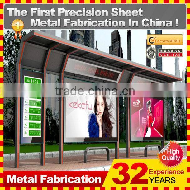 powder coating metal prefabricated bus stop shelter with low price and lightbox in foshan for 32 years