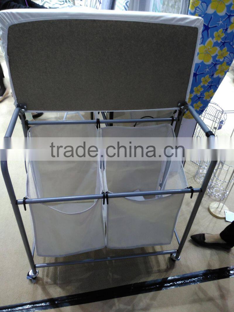 Hotel and home usage triple laundry sorter with ironing board/3 lift-off fableable landry sorter