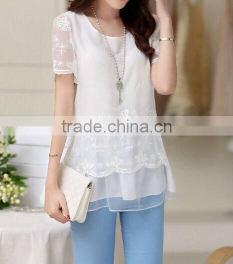 Embroidery lace chiffon round neck t- shirt with short sleeves
