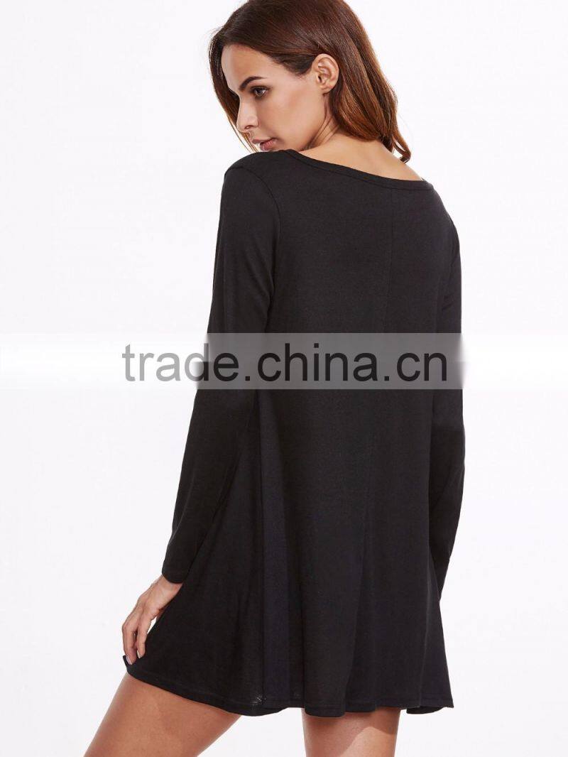 Custom Black Long Sleeve Tee Dress Cotton Spandex Casual Boat Neck Plain Short Tee Dress