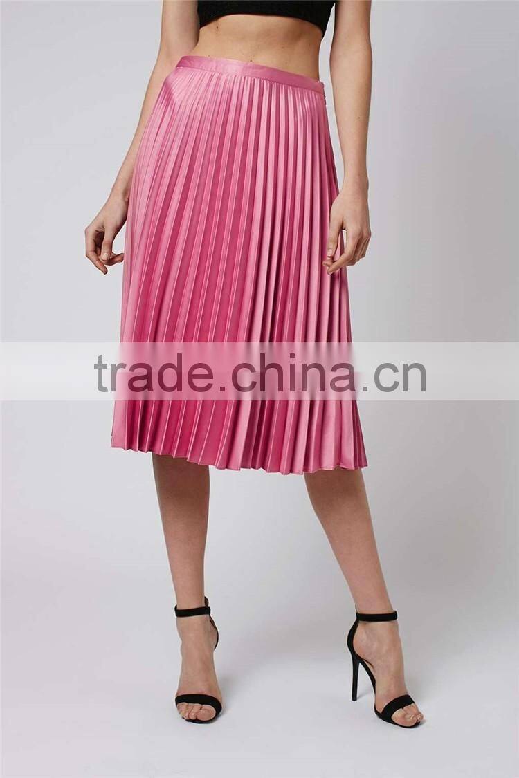 Hot Sale Shinning Petite Satin Pleat Midi Skirt Summer Skirt Ladies Plain Pink Zip Up Skirt