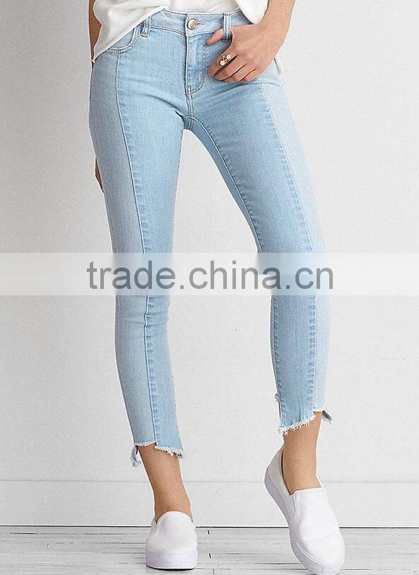 Fashion women blue high waisted brushed ripped skinny denim jeans with hole