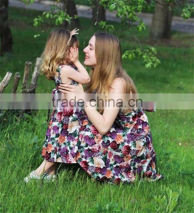 2017 fall boutique mommy and me clothing sleeveless floral printing mother daughter matching dress