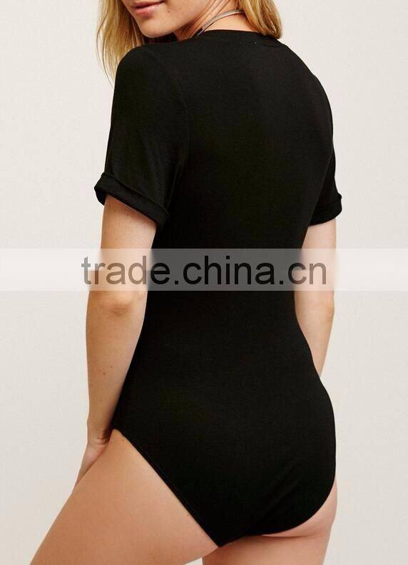 Runwaylover Rolled Short Sleeve V Neck Bodysuit For Women