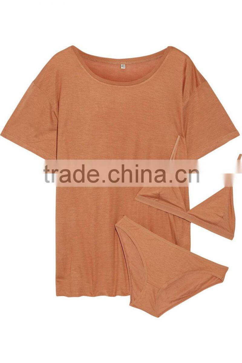 Copper Bamboo Jersey t Shirt Soft Cup Bra and Brief Sleeping Wear Set