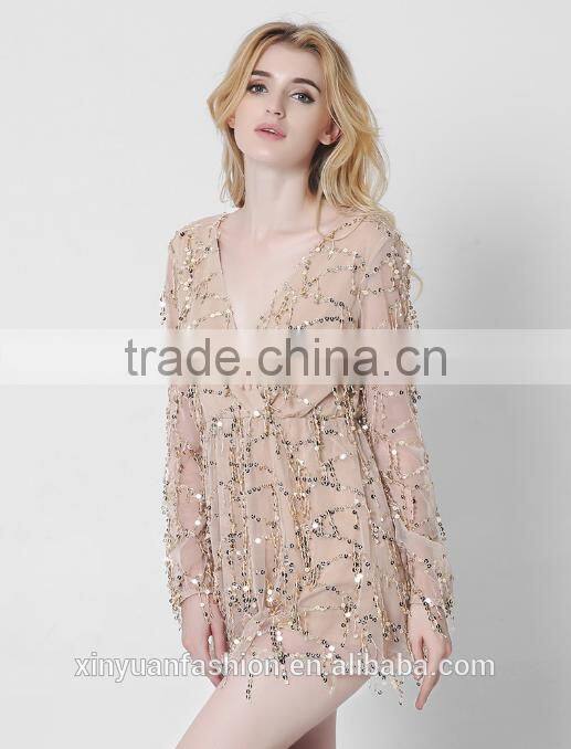 New long sleeves deep V sexy dress net yarn tassel sequins skirt summer