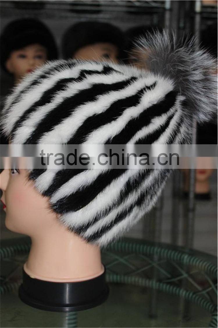 Women Beanies Real Stripe Knitted Mink Fur Caps With Top Silver Fox Fur Ball Hats