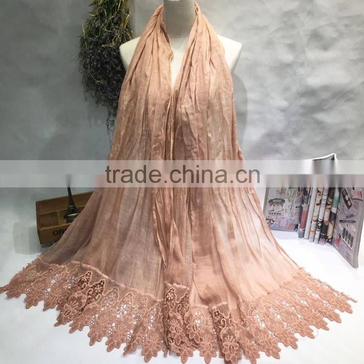 High Grade Newest Embroidery Lace Brim Plain Cotton Linen Muslim Long Scarf