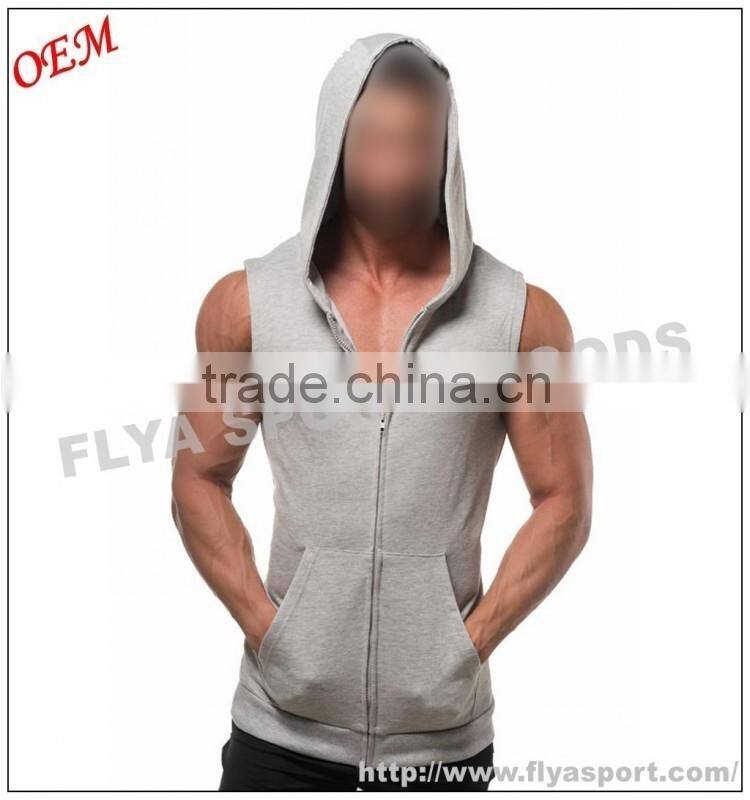 2016 Latest high quality blank sleeveless tank top pullover zipper gym singlet hoodies