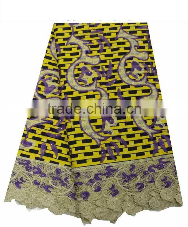 2016 wax print fabric cord lace fabric with rhinestones