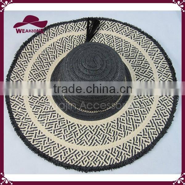 Black and white paper straw floppy hat with tassels