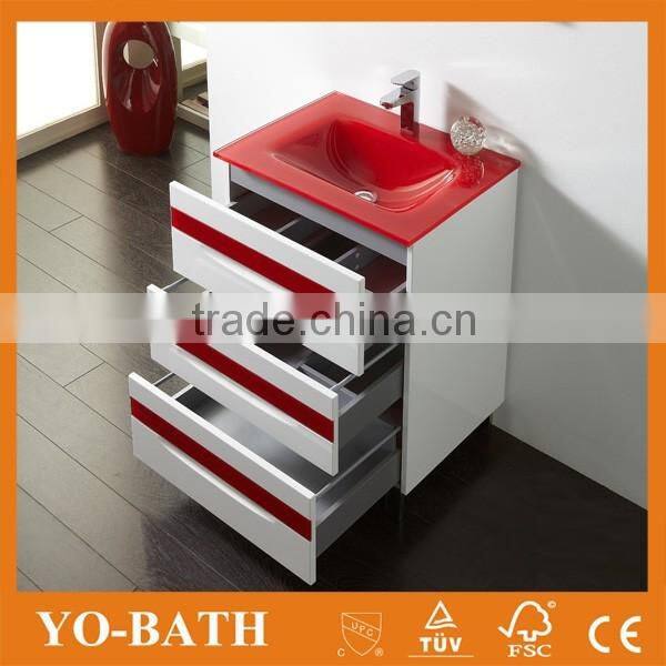 24" modern white red bath vanity with red glass wash basin