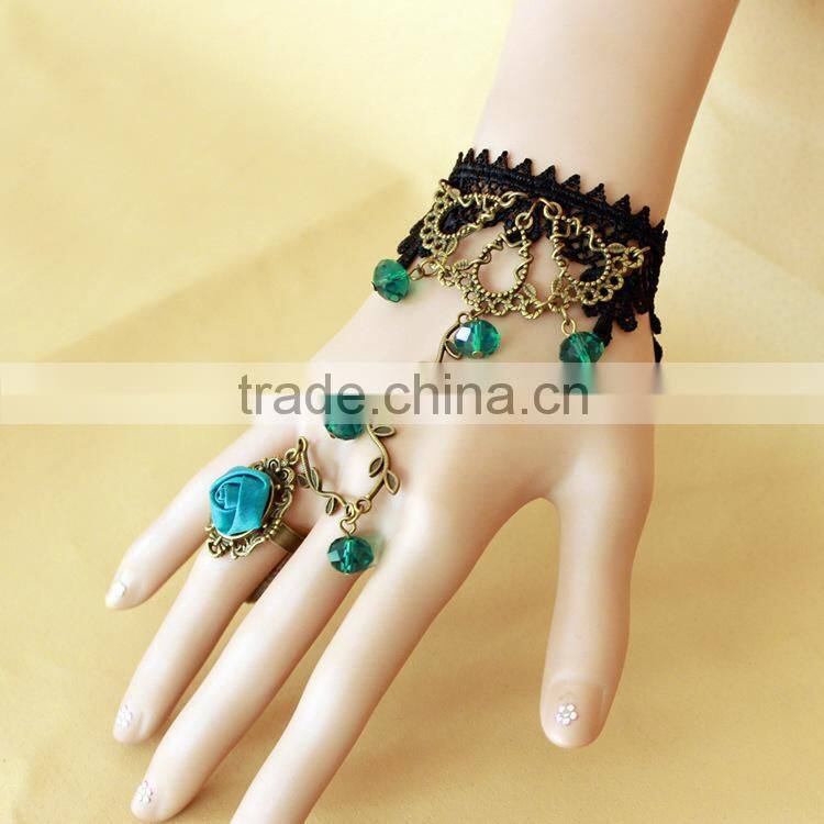 crystal lace bracelet ring, gold bracelet connected ring