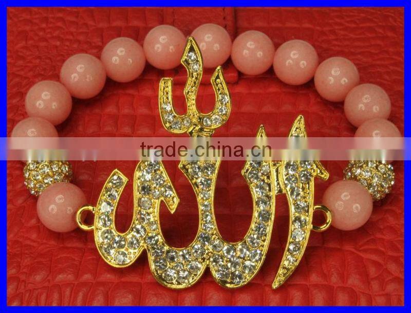 KJL-BR821 Best pink beads bracelet rhinestone pave sideway gold Allah Bracelets