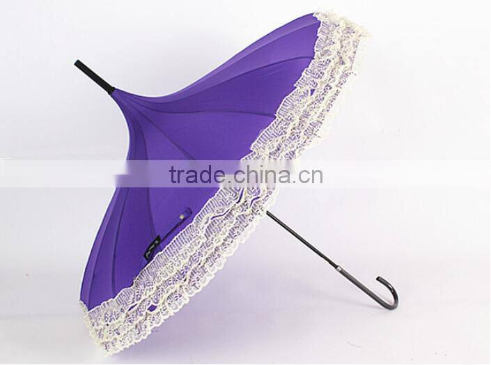lady umbrella different color Long handle serging pagoda umbrella pagoda parasol with lace edge