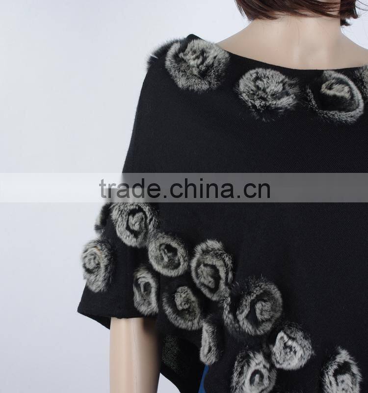 Ladies wool knitting cape with rabbit small flowers,KZ150018