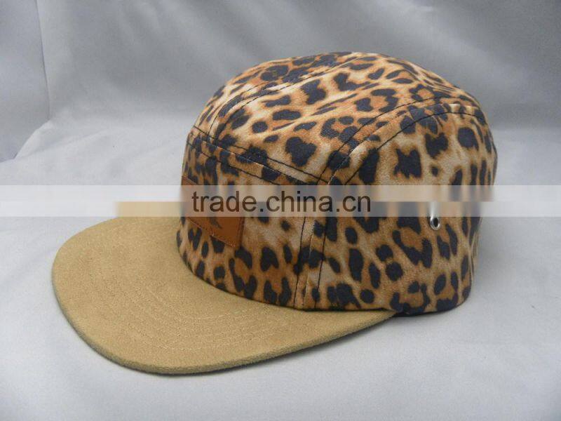 Leopard crown suede brim custom 5 panel camp hat with leather patch