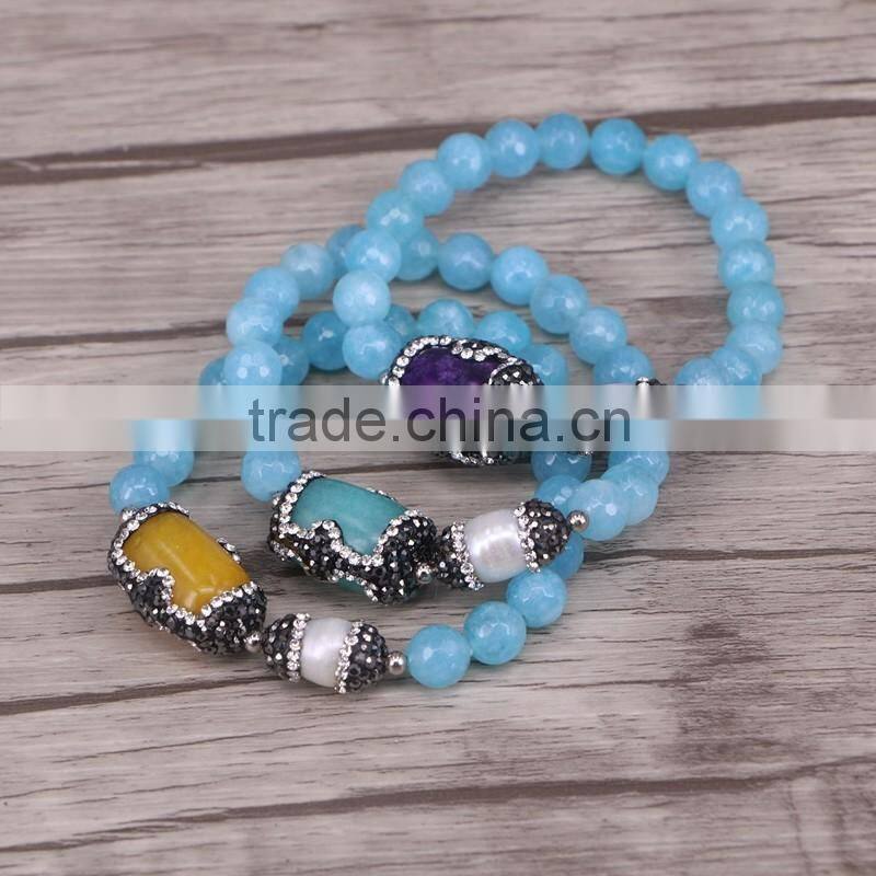 Round Facetd Stone Beaded Bracelets with Pave Crystal Nature Pearl And Mix Color Malaysian Jade Jewelry