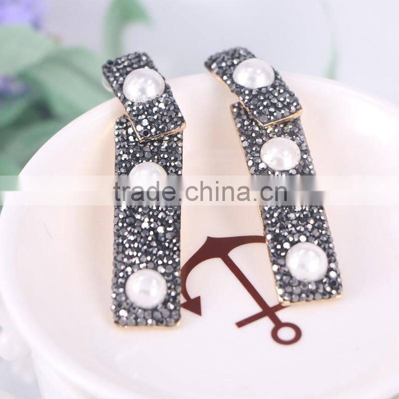 Curved Bar Design Earrings Studs, Setting Freshwater Pearl and Crystal Gemstone Druzy Earring