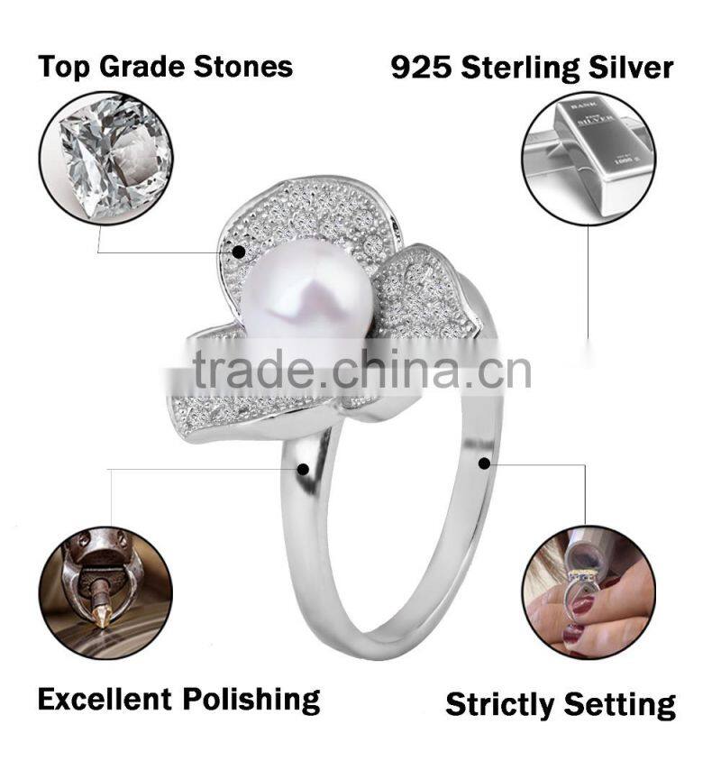 2015 fashion 925 sterling silver ring clover micro zircon pave setting pearl ring