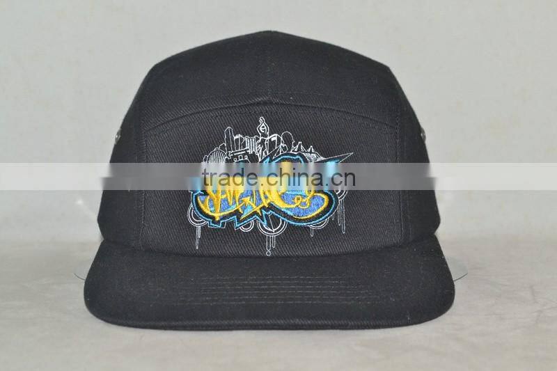 Guangzhou hat factory professional custom 5 panel 100% cotton embroidery + print logo Flat brim hat